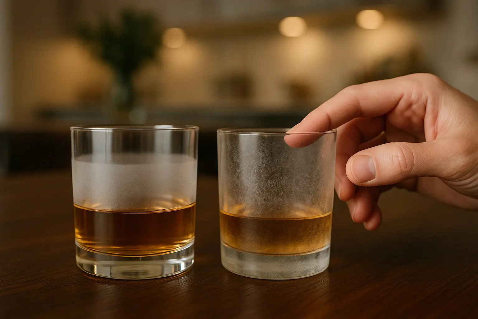 Deux verres à whisky montrant la différence entre dépôt de calcaire et corrosion du verre, avec une main touchant la surface rugueuse