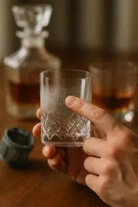 Verre à whisky en cristal présentant un voile blanc opaque et des points piqués, signe de corrosion irréversible.