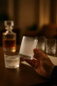 Verre en cristal totalement blanchi, avec un aspect laiteux uniforme dû à une corrosion profonde.