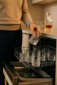 Personne qui sort un verre en cristal du lave-vaisselle avec précaution