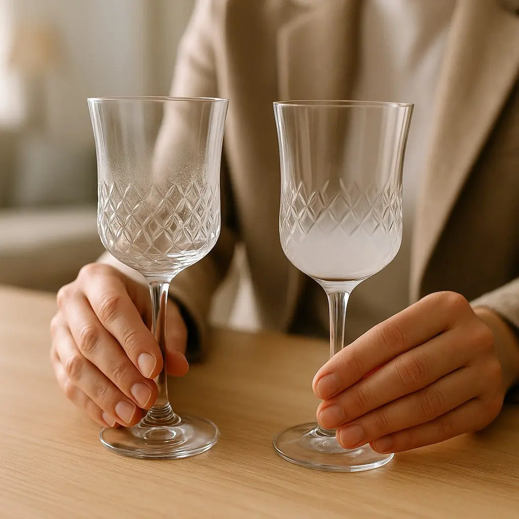 Deux verres en cristal posés sur une table, l’un avec un léger voile blanc de calcaire, l’autre avec un voile plus profond évoquant la corrosion