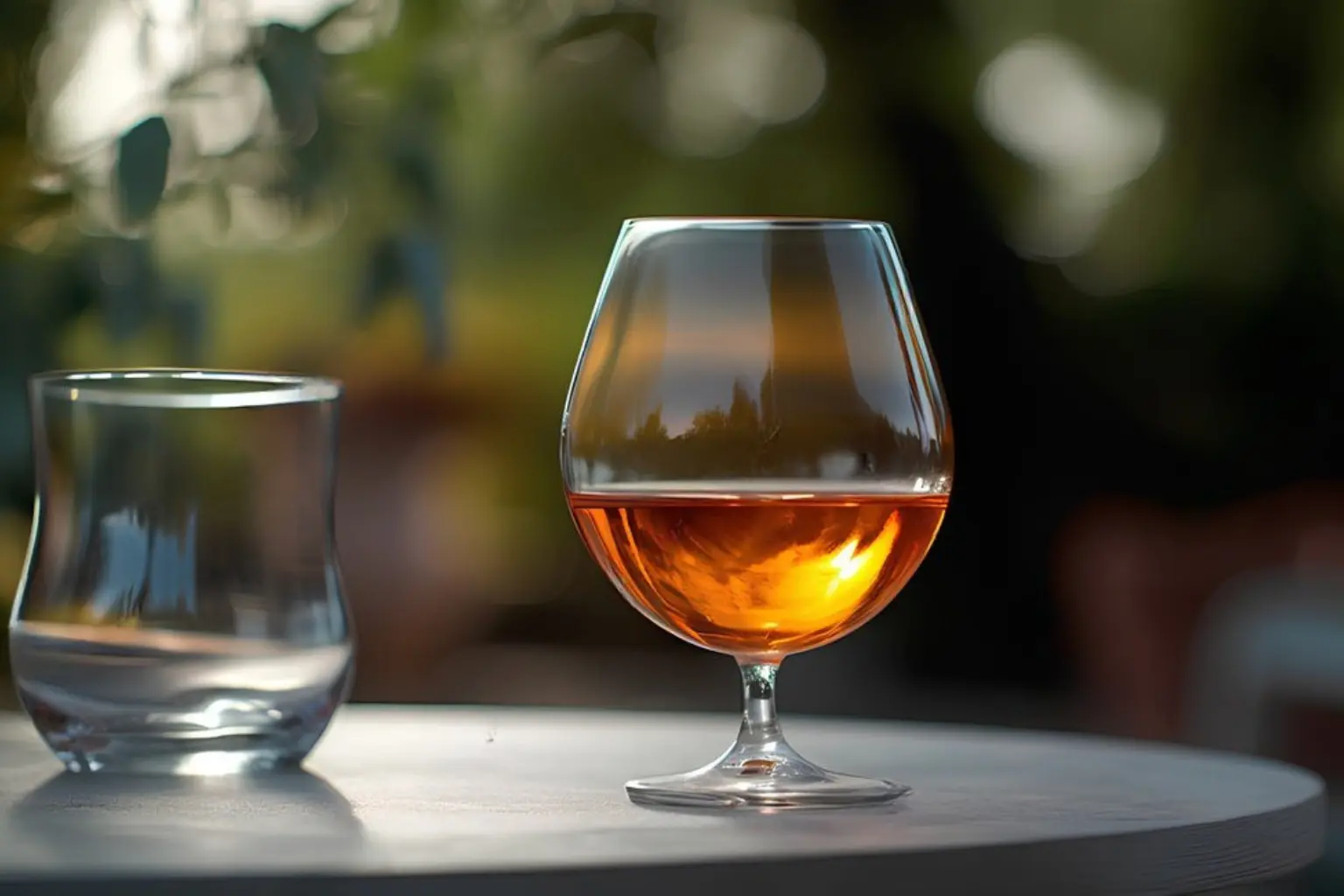 Verre tulipe rempli de cocktail ambré posé sur une table en extérieur, mis en valeur par une lumière chaleureuse