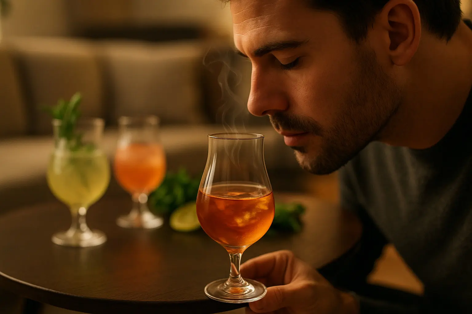 Homme sentant les arômes d’un cocktail servi dans un verre tulipe, posé sur une table avec d’autres cocktails en arrière-plan
