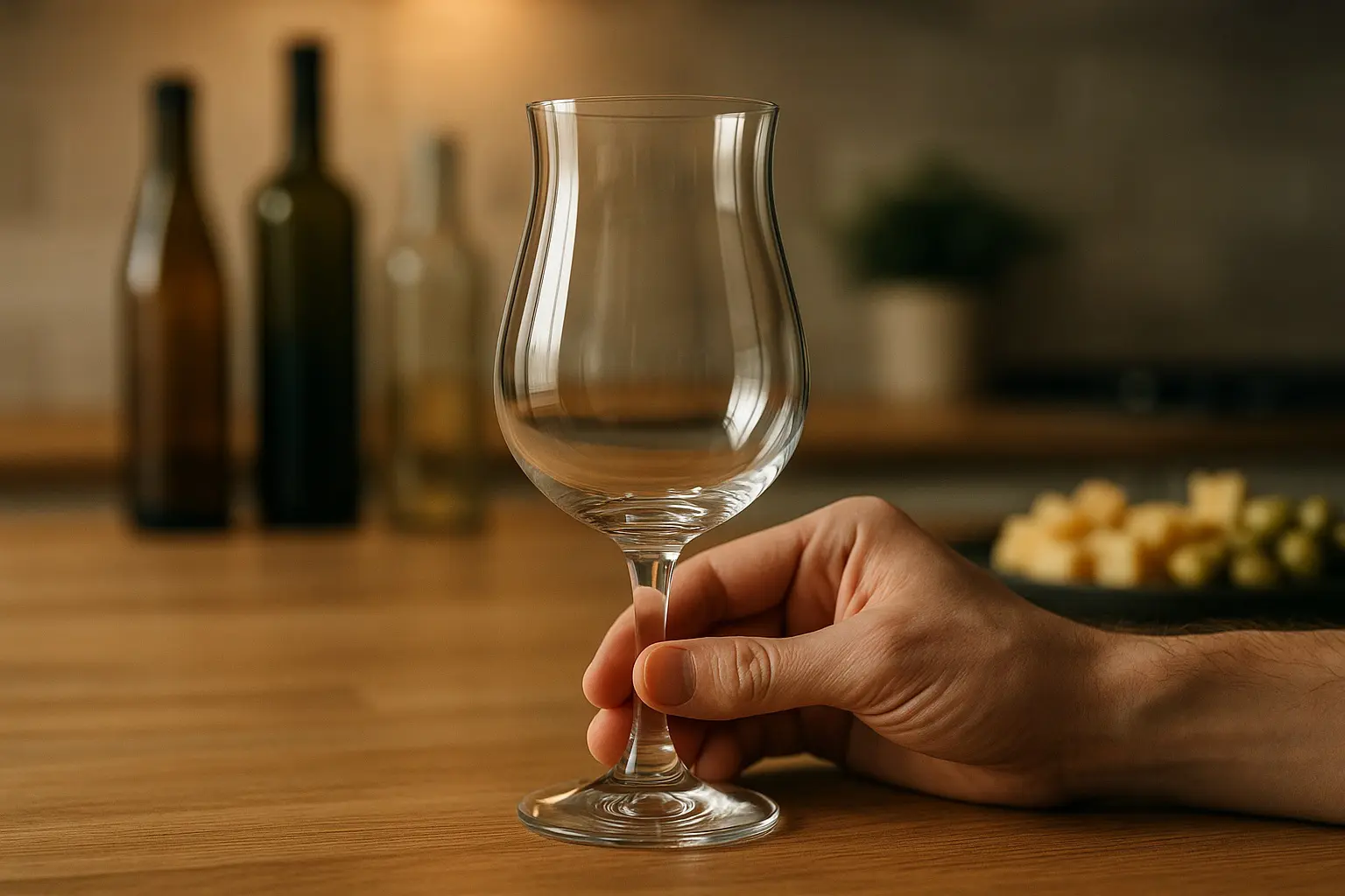 Verre tulipe vide tenu par son pied sur une table en bois, dans une ambiance apéritif chic