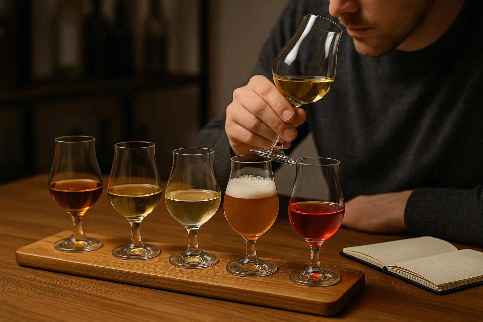 Dégustation de plusieurs boissons dans des verres tulipes alignés sur un plateau en bois, avec un homme analysant les arômes d’un verre