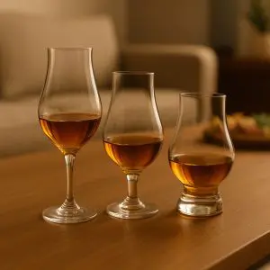 Trois verres tulipes de designs différents, dont un modèle moderne à double paroi, alignés sur une table pour comparer les variantes