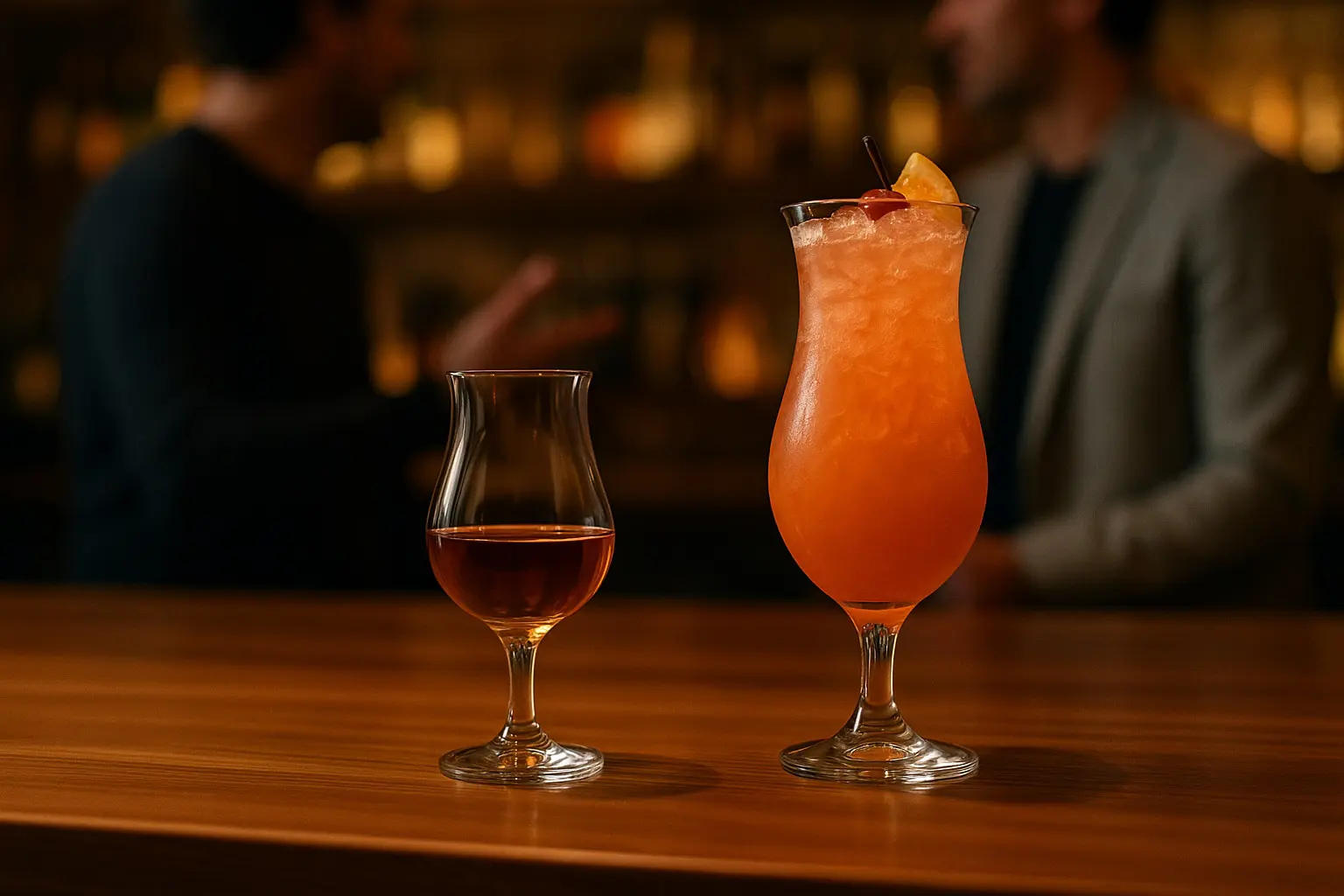 Verre tulipe classique et verre hurricane côte à côte sur un bar, illustrant leurs différences pour les cocktails