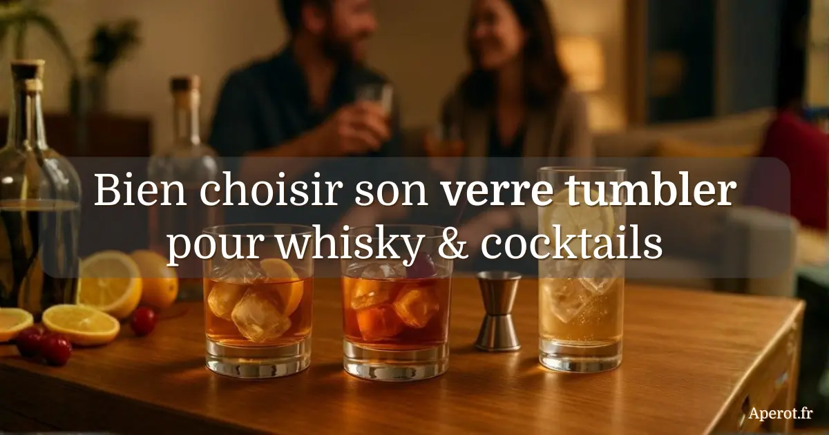 Bien choisir son verre tumbler pour whisky et cocktails, trois verres remplis de boissons sur une table d’apéritif chic avec un couple qui trinque en arrière-plan flou.