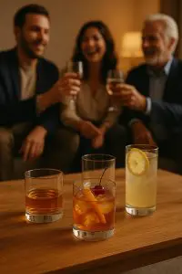Cocktails servis dans des verres tumbler sur une table, avec des invités trinquant en arrière-plan