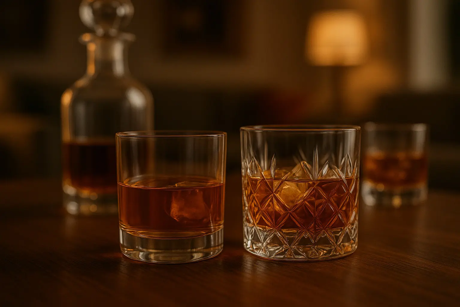 Deux verres tumbler remplis de whisky, l’un en verre classique et l’autre en cristal taillé, sur une table en bois dans une ambiance élégante