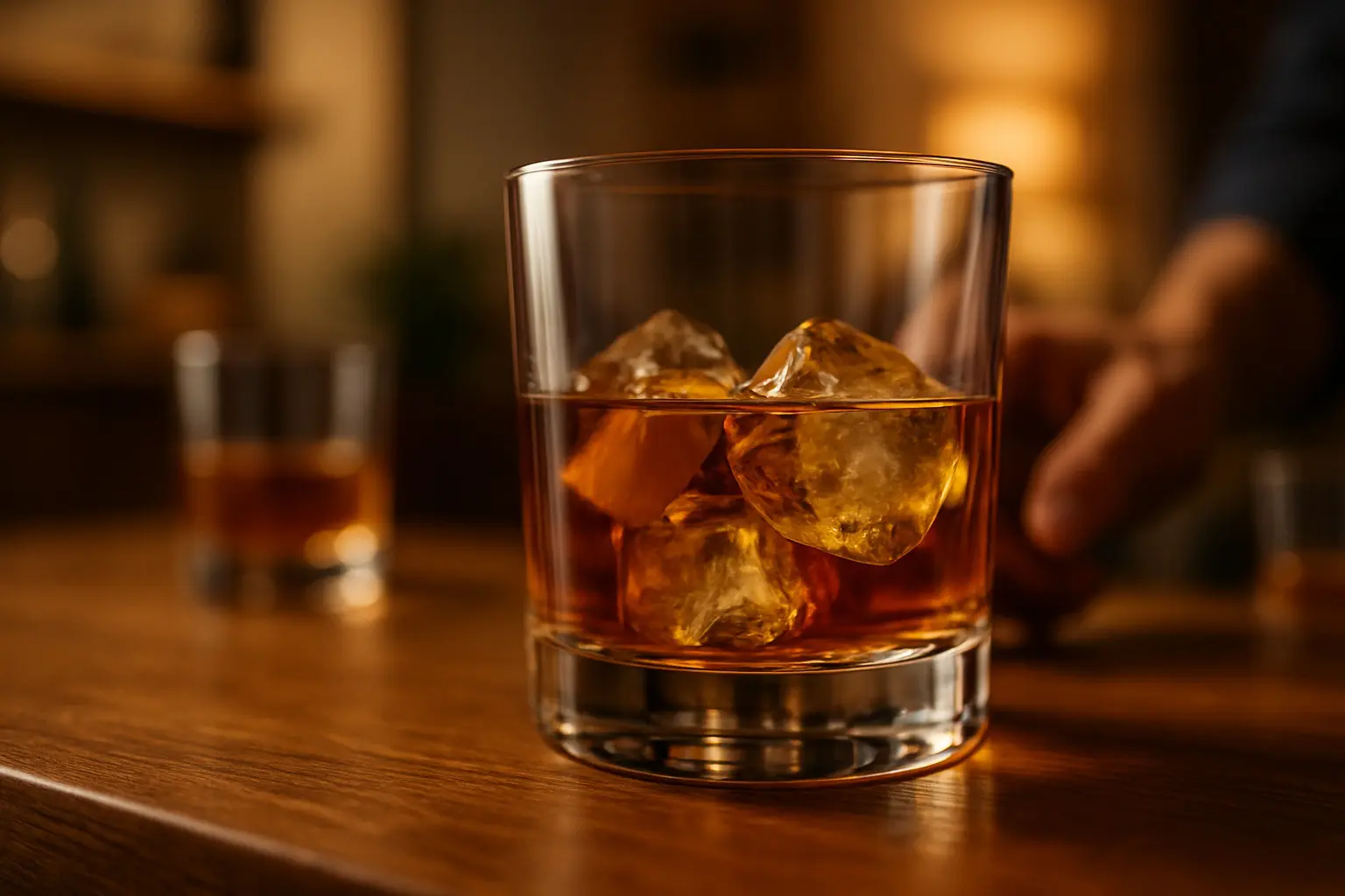 Gros plan sur un verre tumbler rempli de whisky et de glaçons, mettant en valeur son fond épais sur une table en bois