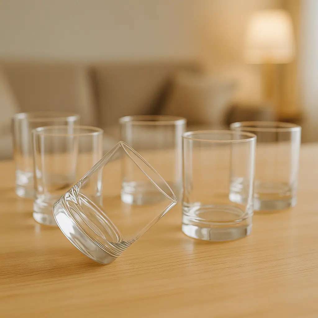 Verres tumbler en verre transparent avec forme cylindrique et fond épais posés sur une table