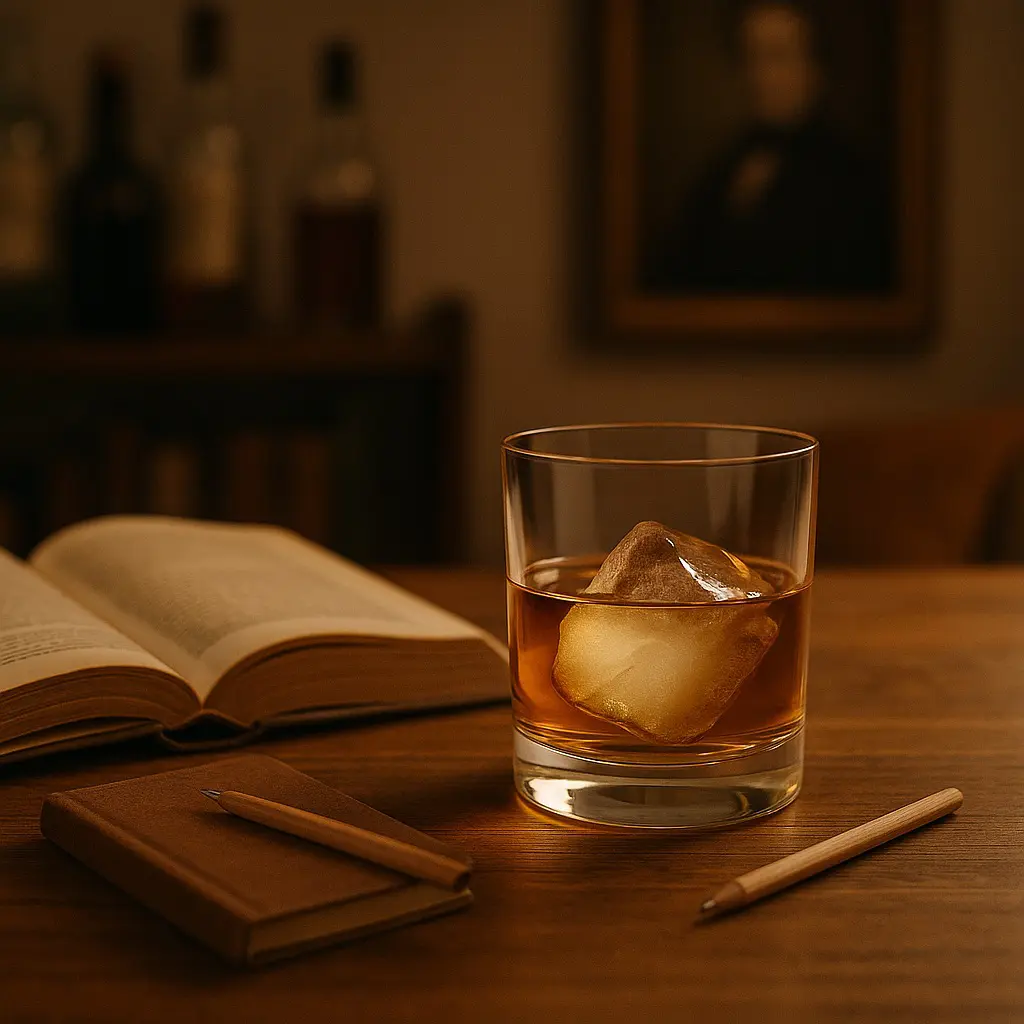 Verre tumbler avec un whisky servi sur glace posé sur une table en bois avec un livre ouvert en arrière-plan