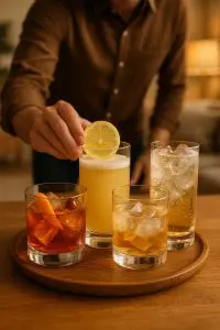 Plateau avec plusieurs cocktails servis dans des verres tumbler, un homme ajoutant une tranche de citron sur un verre