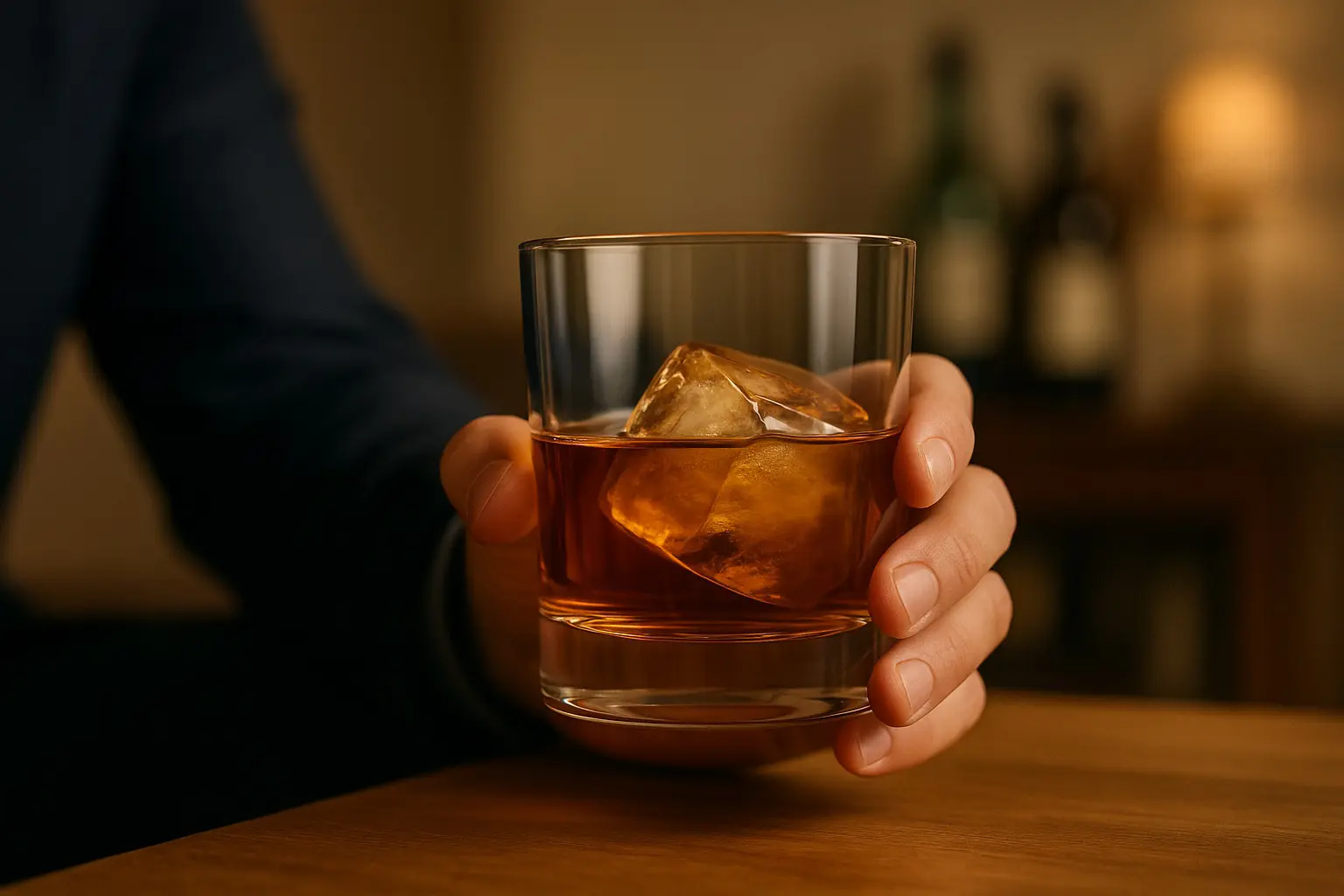 Main tenant un verre tumbler rempli de whisky avec un gros glaçon sur une table en bois