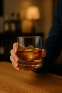 Verre tumbler de whisky tenu en main avec un grand glaçon sur une table en bois