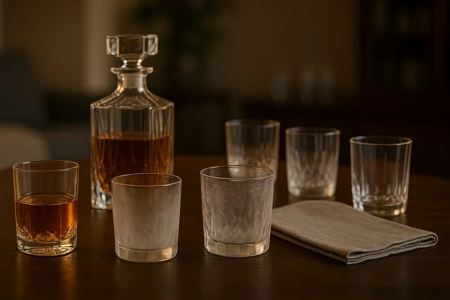 Verres à whisky en cristal opacifiés par le blanchiment, posés sur une table près d’une carafe, montrant des signes visibles de corrosion irreversible