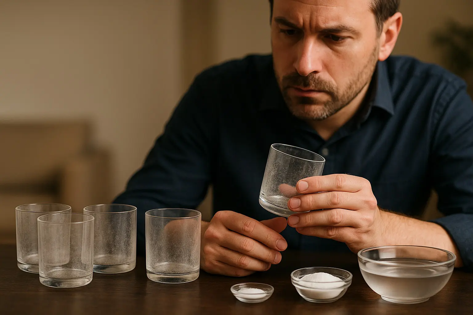 Homme examinant un verre terni et rugueux par la corrosion du verre malgré plusieurs nettoyages