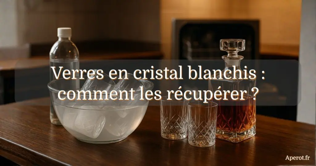 Bassin rempli d’eau avec des verres à whisky en cristal blanchis, une bouteille de vinaigre blanc et une carafe de whisky en cristal posés sur une table en bois, illustrant le nettoyage de verres en cristal blanchis au lave-vaisselle.