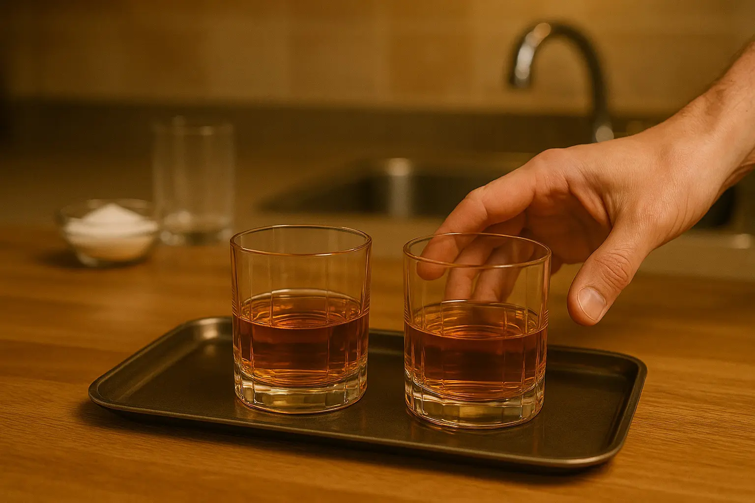 Deux verres à whisky ternis par le calcaire sur un plateau, préparés pour un nettoyage aux cristaux de soude