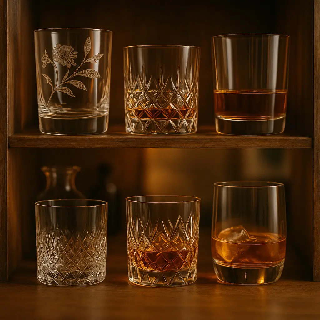Différents verres tumbler en verre et en cristal, aux designs Art Nouveau, rétro et modernes, exposés sur une étagère en bois