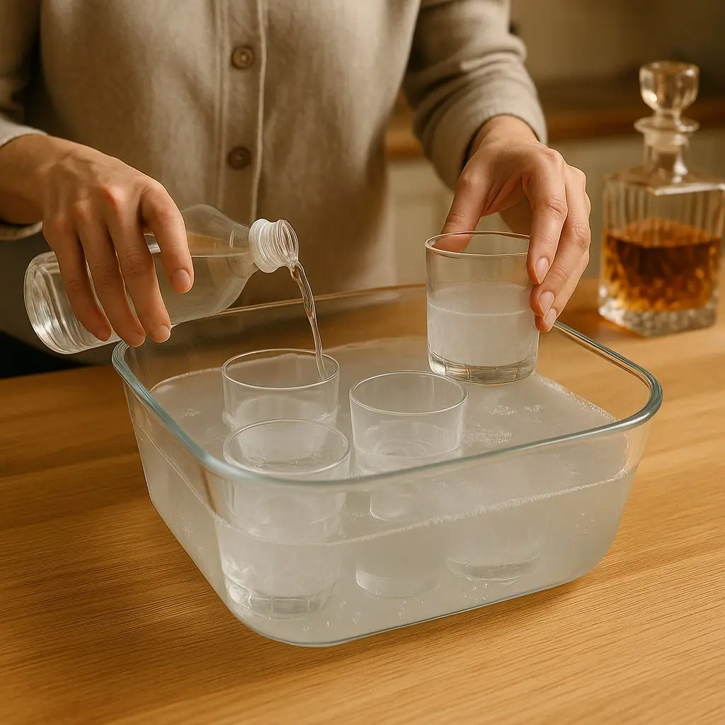 Trempage de verres opaques dans un bain au vinaigre blanc pour dissoudre le calcaire