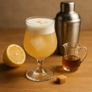 Whisky Sour revisité dans un verre tulipe, avec ingrédients visibles : citron, sirop d’érable et shaker