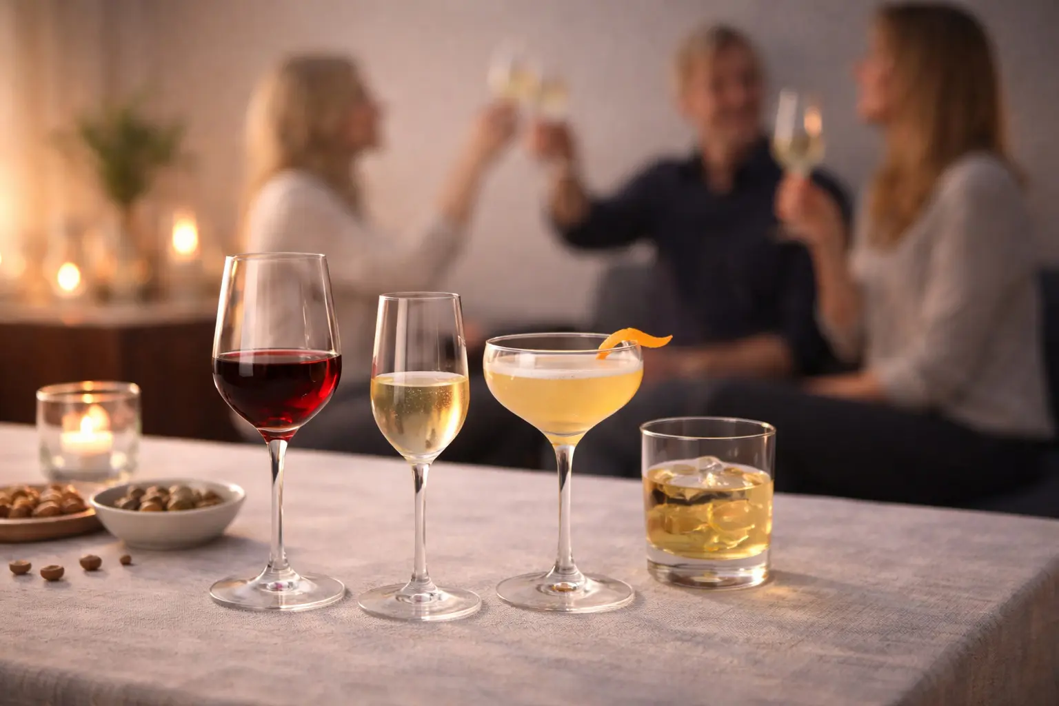 Verres fins contenant vin rouge, vin effervescent, cocktail et spiritueux posés sur une table d’apéritif convivial avec des invités en arrière-plan