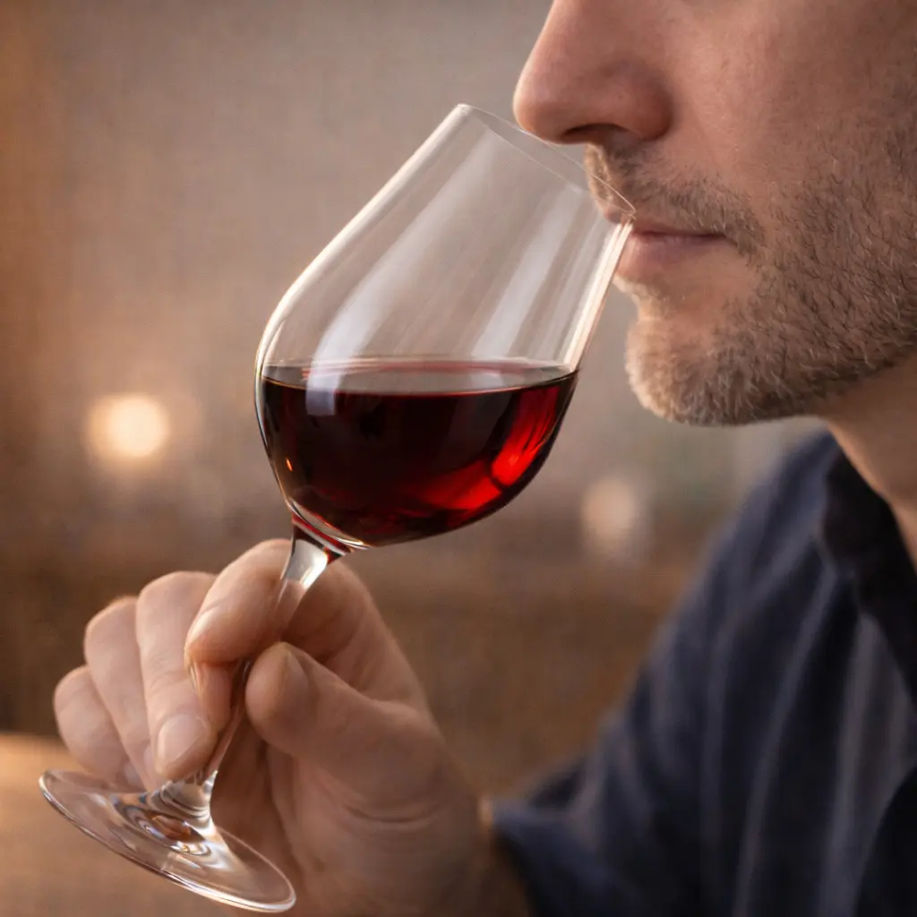 Bord fin d’un verre à vin approchant les lèvres lors d’une dégustation, illustrant le guidage précis des saveurs en bouche