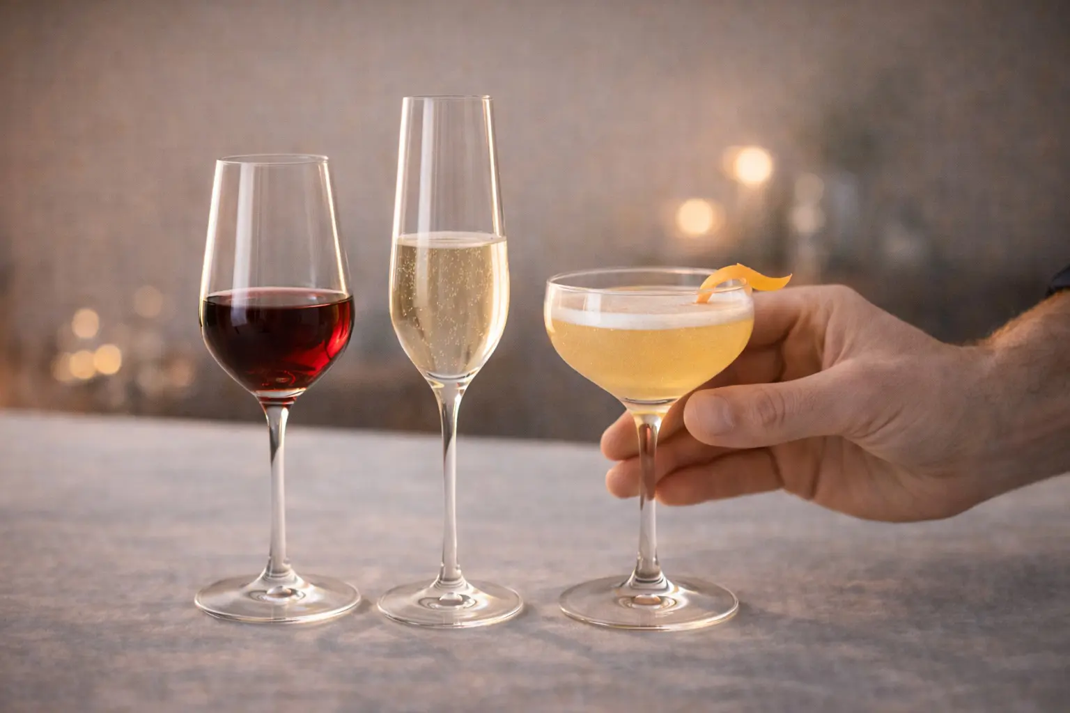 Trois verres fins contenant un vin rouge, un vin effervescent et un cocktail, illustrant l’importance du choix du verre à l’apéritif