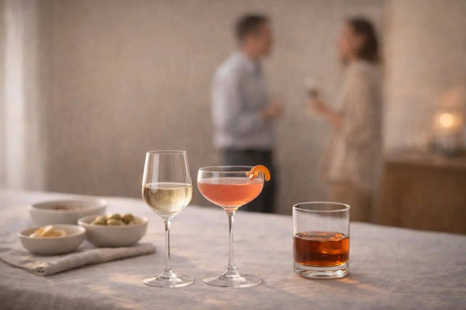 Différents verres à apéritif contenant vin, cocktail et spiritueux posés sur une table, illustrant l’importance du choix du verre