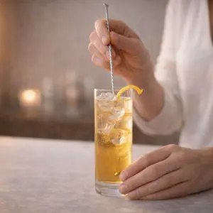 Cocktail raffiné servi dans un verre fin et haut avec glaçons, mélangé délicatement à la cuillère