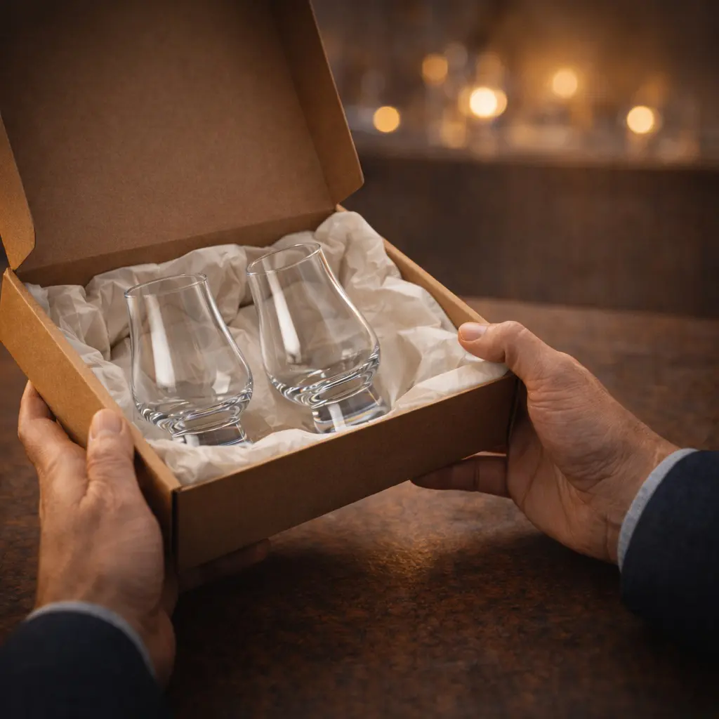 Coffret cadeau avec deux verres Glencairn en cristal présentés dans une boîte, destiné à la dégustation du whisky