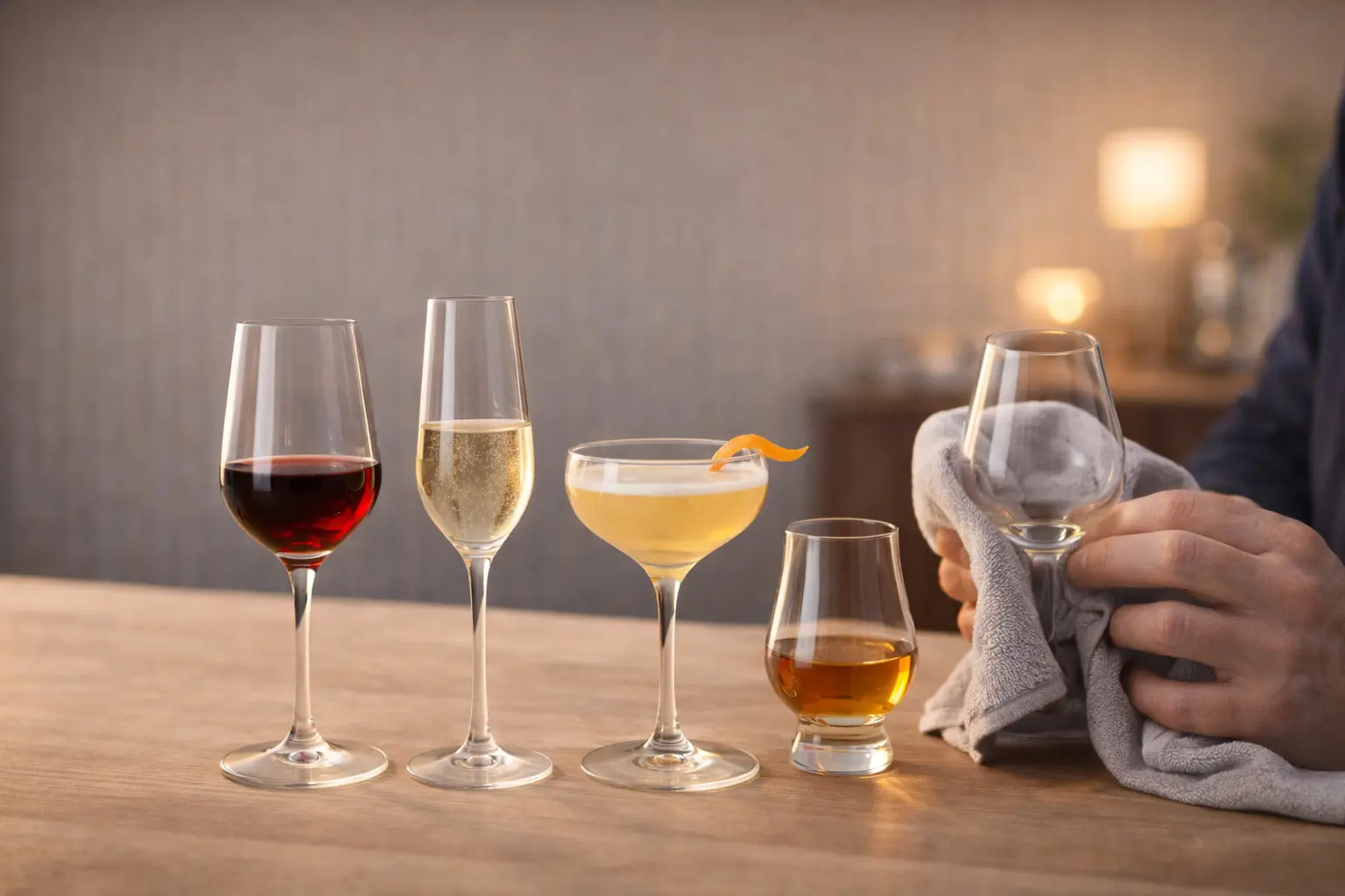 Différents verres fins pour vin, effervescent, cocktail et spiritueux, avec une main essuyant délicatement un verre pour l’entretien