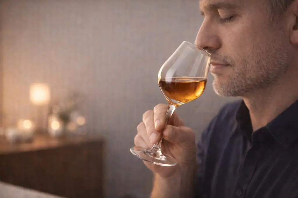 Homme dégustant un spiritueux ambré dans un verre fin à pied, illustrant la recherche d’une expérience sensorielle à l’apéritif