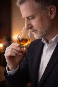 Homme dégustant un whisky dans un verre Glencairn, reconnu par les experts et les professionnels du whisky