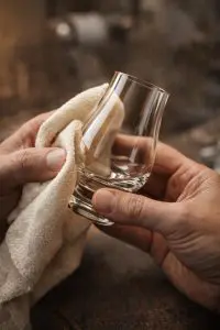 Mains d’artisan nettoyant et essuyant un verre Glencairn en cristal, illustrant la finition manuelle et le savoir-faire artisanal