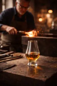 Verre Glencairn en cristal posé sur un établi, avec un artisan travaillant le cristal à chaud en arrière-plan