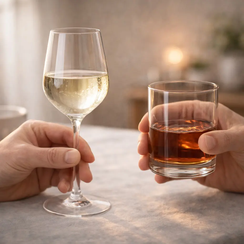 Comparaison entre un verre fin à pied et un verre épais tenu en main, illustrant les différences de prise en main et de sensations tactiles