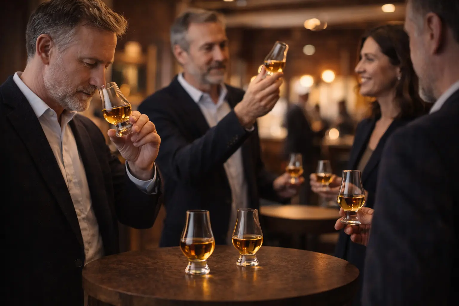Dégustation de whisky entre connaisseurs avec des verres Glencairn utilisés comme standard international dans les distilleries.