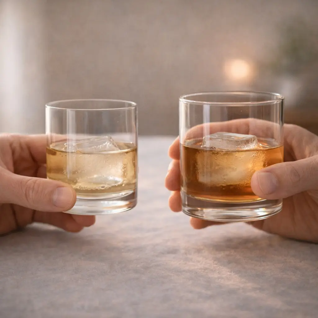 Deux verres à whisky comparés, l’un à paroi fine et l’autre plus épaisse, tenus en main pour illustrer la transmission thermique