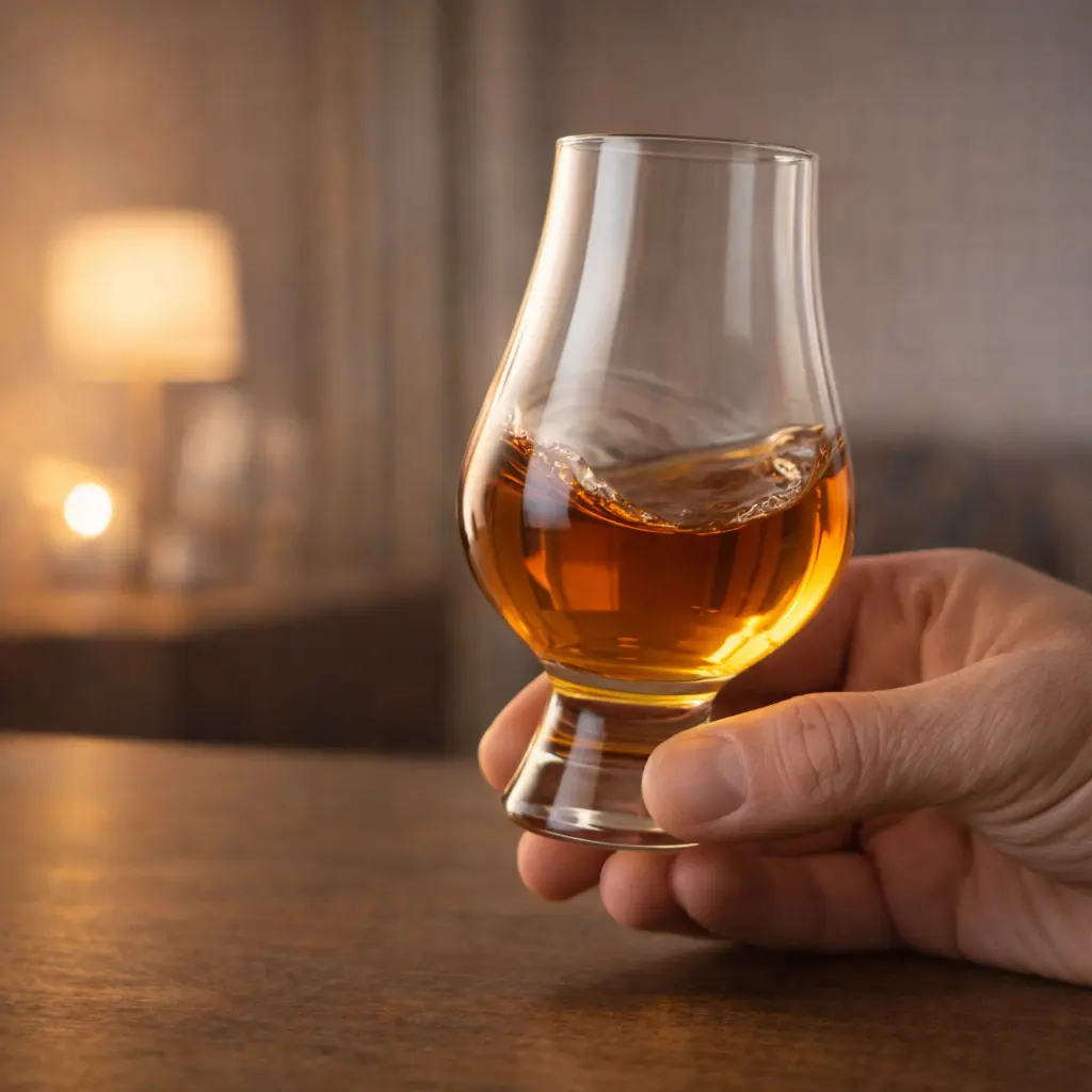 Verre Glencairn en forme tulipe contenant du whisky ambré, illustrant la concentration et la révélation des arômes