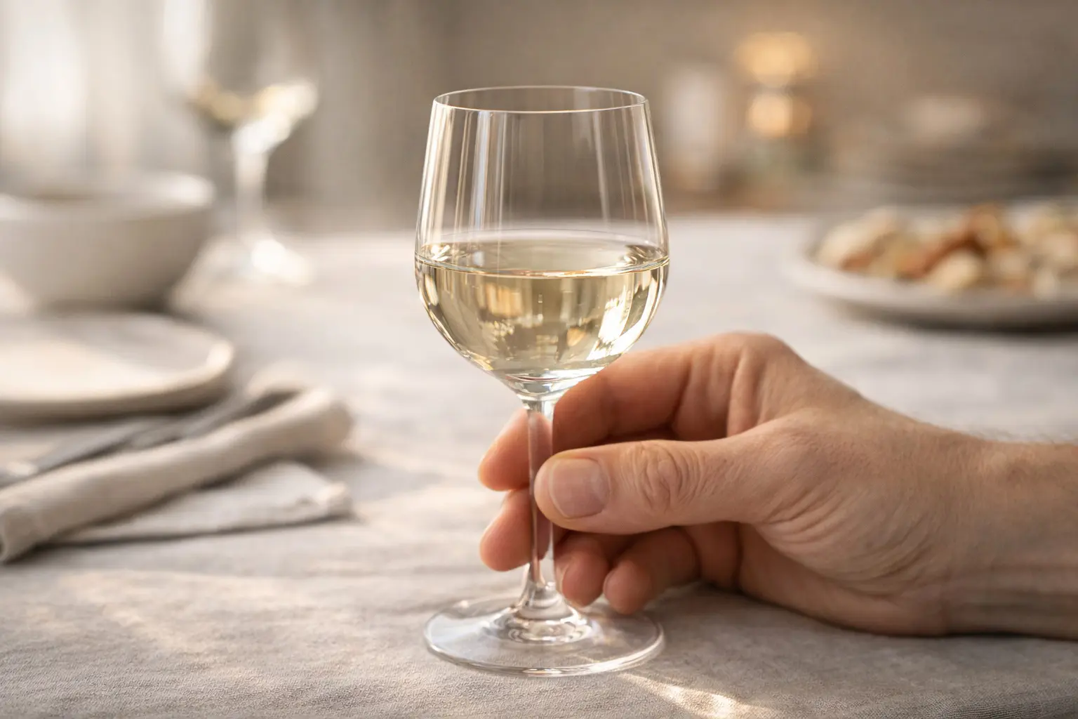Verre fin à pied contenant une boisson claire, tenu délicatement en main sur une table lumineuse dans un cadre élégant