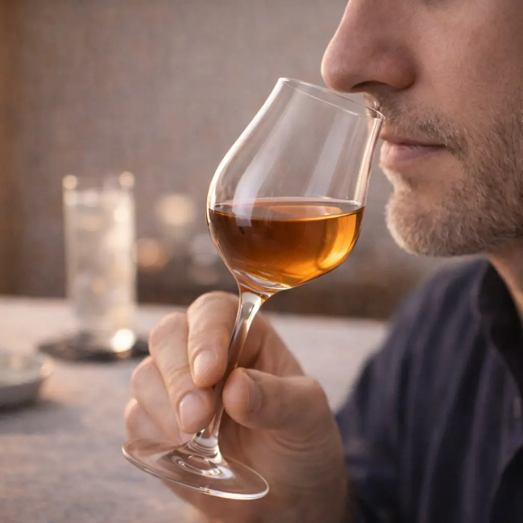 Dégustation d’un spiritueux ambré dans un verre fin à pied, approché des lèvres pour apprécier les arômes