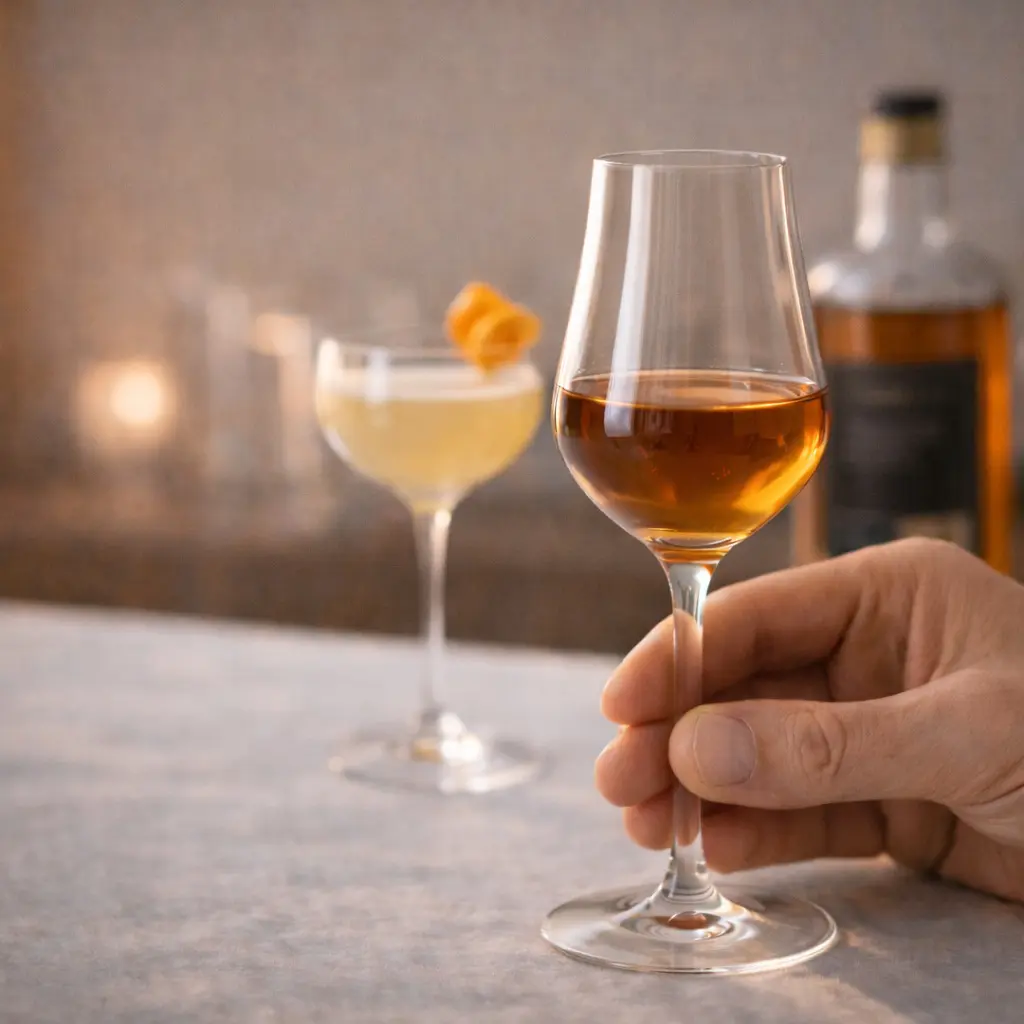 Verre fin à pied contenant un spiritueux ambré, tenu par le pied, avec un cocktail raffiné en arrière-plan
