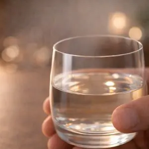 Verre fin contenant un spiritueux clair, tenu délicatement en main dans une ambiance chaleureuse
