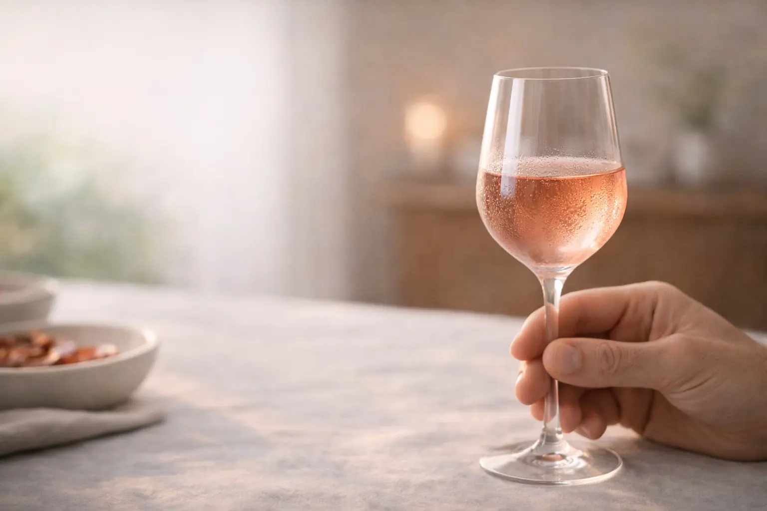 Verre fin à pied contenant un vin rosé frais, tenu par le pied pour préserver la fraîcheur à l’apéritif