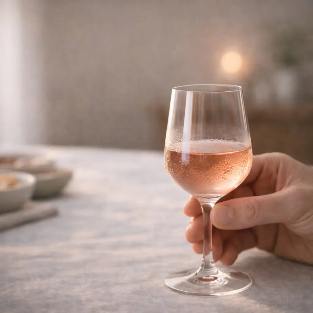 Verre fin à pied contenant un vin rosé frais, tenu par le pied pour limiter le réchauffement et préserver la fraîcheur