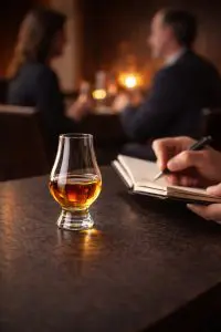 Verre Glencairn rempli de whisky posé sur une table, symbole de l’approbation de la Scotch Whisky Association