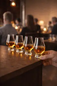 Verres Glencairn alignés sur un comptoir illustrant l’approbation officielle par la Scotch Whisky Association